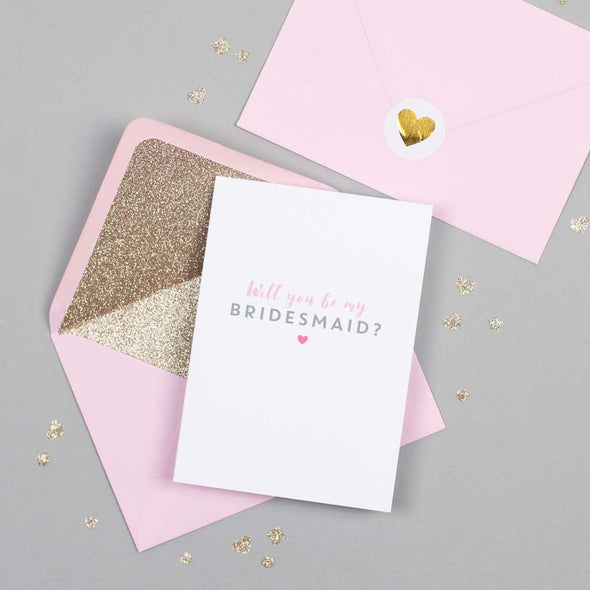 Will you be my Bridesmaid card with pink glitter-lined envelope