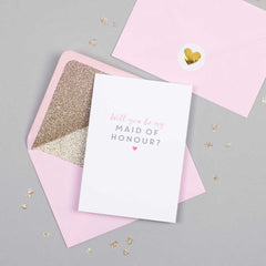 Will you be my Maid of Honour card with pink glitter-lined envelope