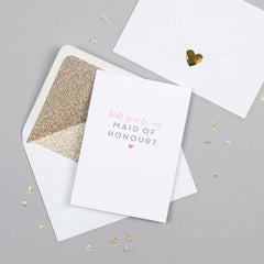 Will you be my Maid of Honour card with white glitter-lined envelope